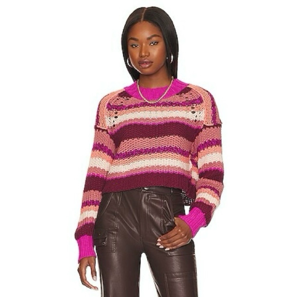 Free People Devon Cropped Knit Striped Sweater in Fuchsia Rose, Sz Sm - Picture 3 of 16